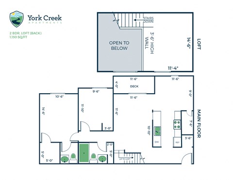 Floor plan for 2 beds, 1.5 baths, 1130 sqft